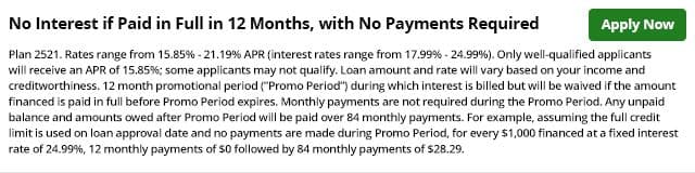 GreenSky Financing No Interest if Paid in 12 Months Info
