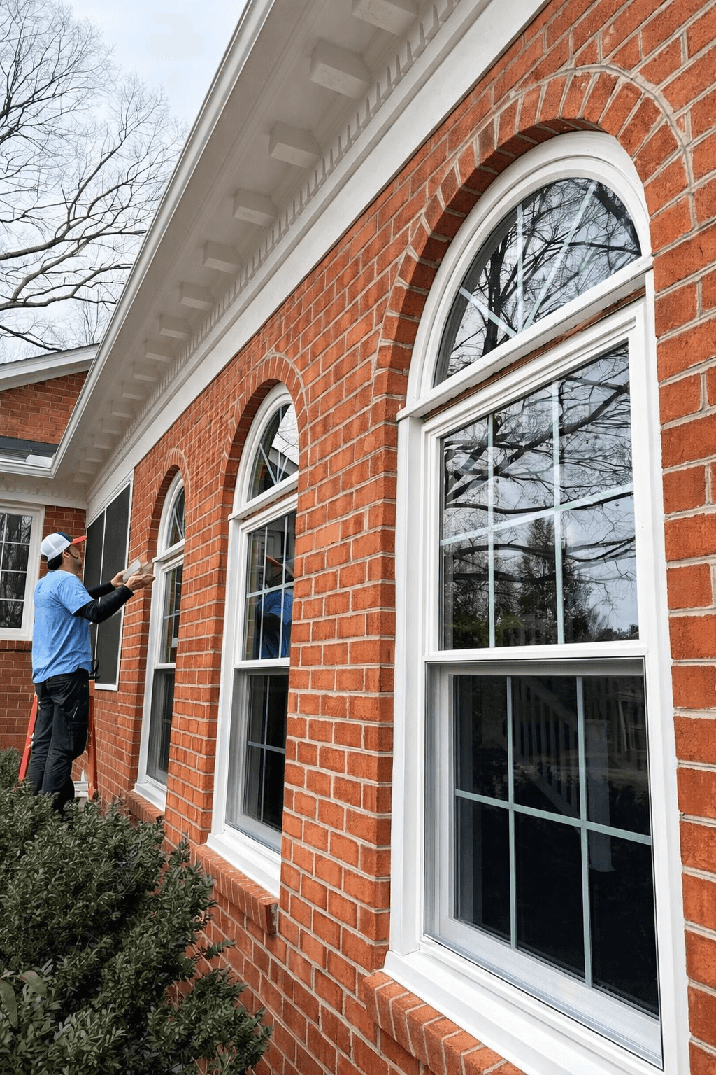 Clemmons worker installing the arched windows of a house
