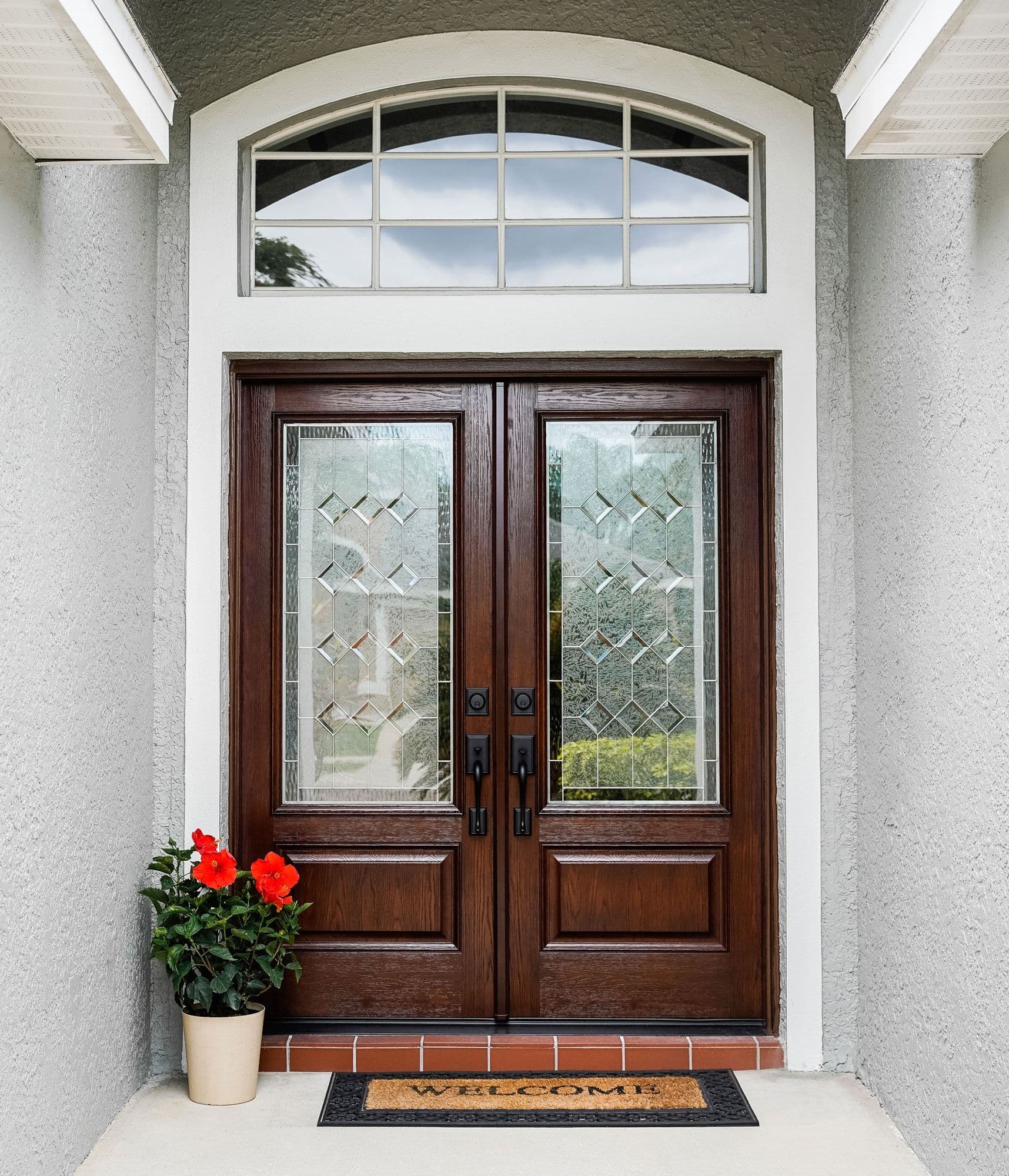 French signet oak French entry door in truffle with decorative glass